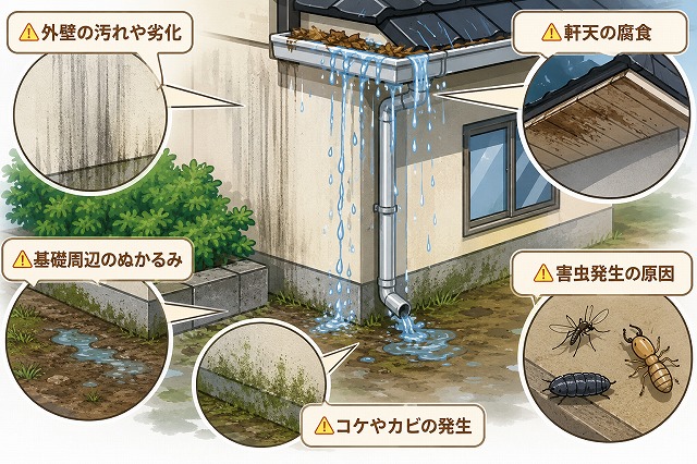 雨樋詰まりによる外壁汚れや軒天腐食などの被害例